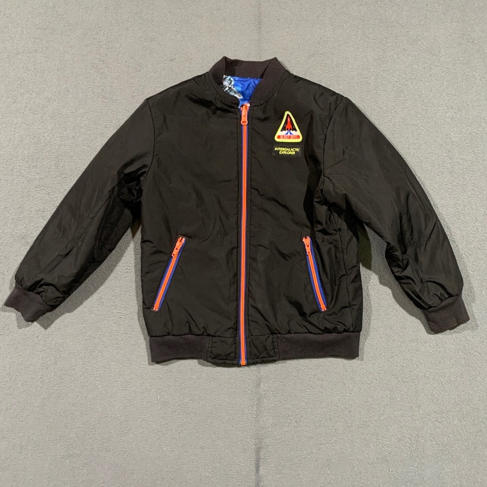 365 Kids Reversible Bomber Jacket Boys Size 8 Black Space Rockets Planets